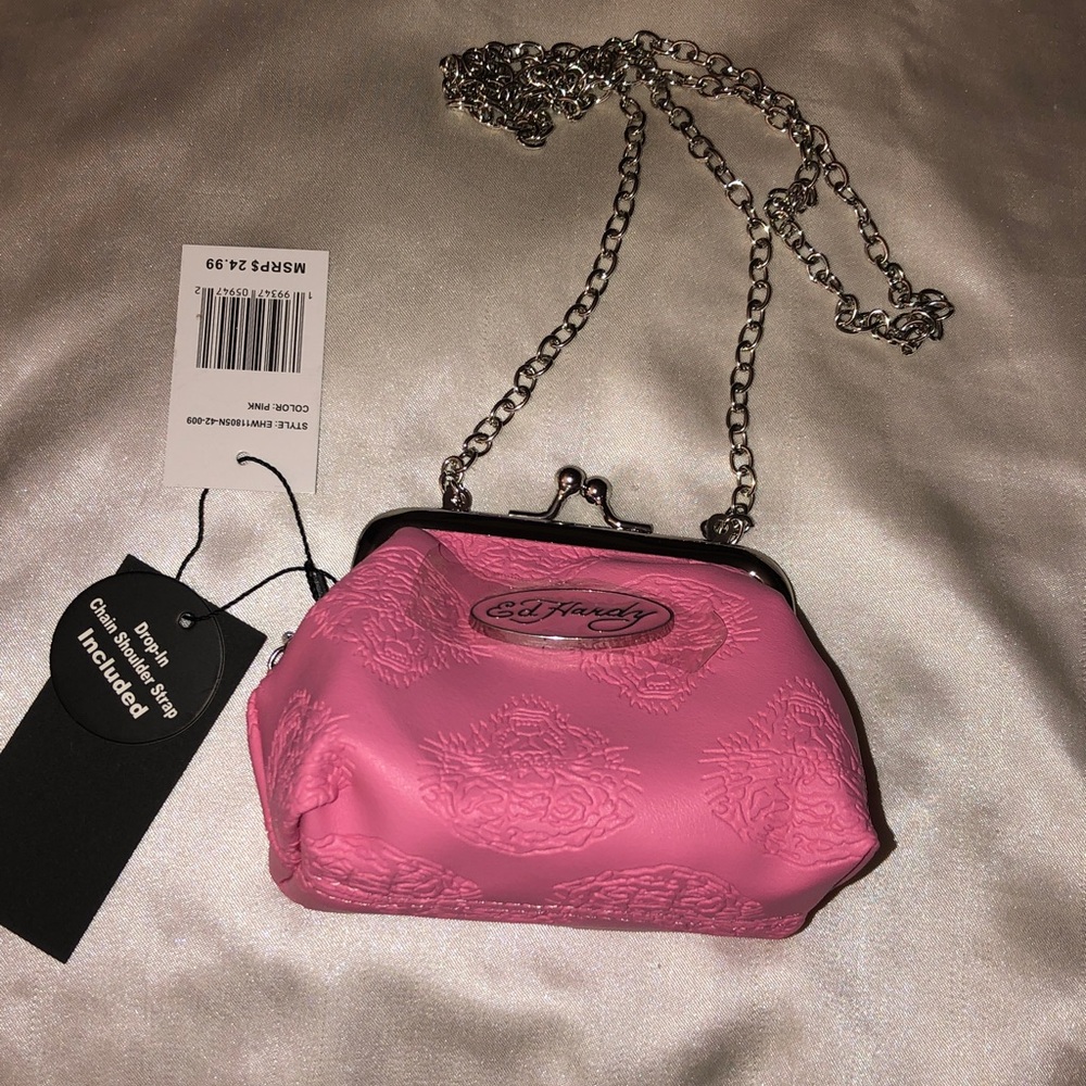 Ed Hardy Pink Faux Leather Kiss Lock Coin Purse Embossed Tigers Chain Strap NWT